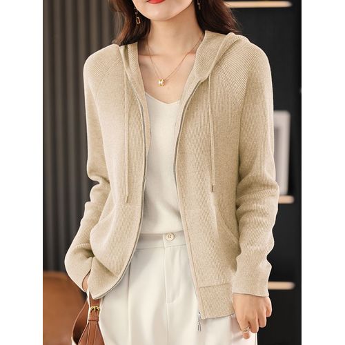Pull En Mélange De Laine Pour Femme,Col À Capuche,Épais,Cardigan À Fermeture Éclair Avec Poche,Base,Manteau Femme,Automne,Hiver