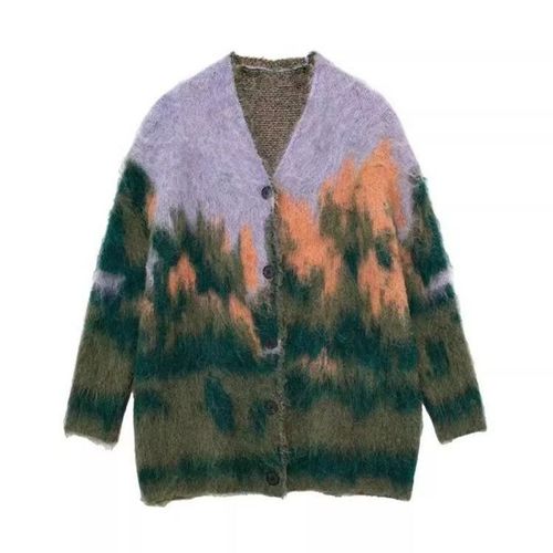 Zbza Cardigan Imprimé En Tricot Pour Femmes,Ample Col En V Coloré,Motif De Paysage Vintage,Simple Boutonnage Pull À Manches Longues,Automne Femme Chic Outwear