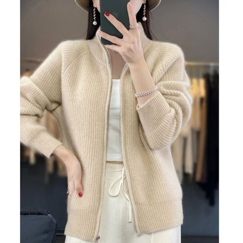 Cardigan À Fermeture Éclair En Pure Laine Pour Femme,Col Montant Rembourré,Pull À Revers,Manteau En Cachemire
