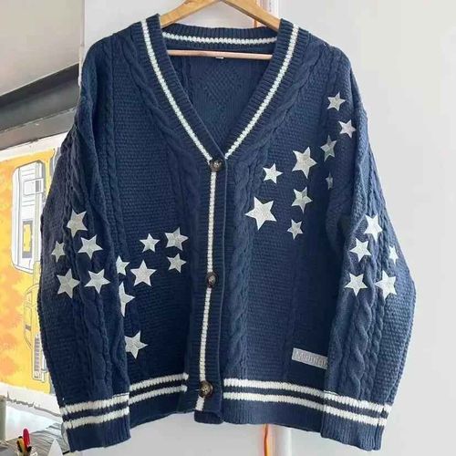 Cardigan En Coton Brodé Étoile Pour Femme,Pulls Chauds,Bleu Nuit,Mode Y2k,Adt Fit Lover,Automne