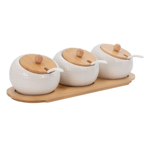 Intirilife Ensemble De 3 Pots À Épices En Porcelaine, Sucrier, Blanc-Marron Avec Couvercle Et Cuillère - 30.5 X 12 X 8.5 Cm - Bol, Distributeur Avec Tablette Pour La Cuisine, La Table À Manger, Etc.
