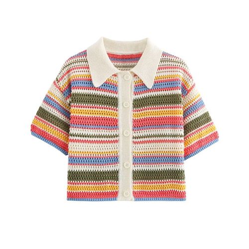 Traf-Pull Court En Tricot Rayé Au Crochet Pour Femme,Col Polo,Manches Courtes,Boutonné,Chic,À La Mode