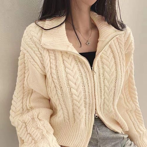Manteau Court En Tricot Torsadé Pour Femme,Pull À Fermeture Éclair,Manches Longues,Cardigan Vintage,Chic Coréen Élégant,Haut Tendance Pour Femme,Hiver 2024