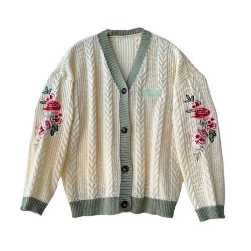 Cardigan À Simple Boutonnage Avec Broderie Pour Femme,Pull À Fleurs,Col En V,Vêtements Chauds Assortis,Beige,Hiver