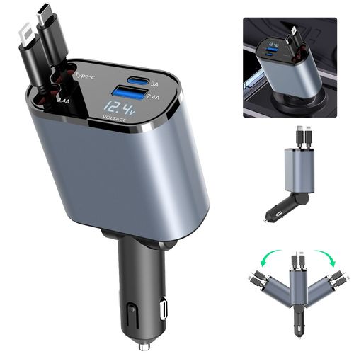 Chargeur De Voiture À Charge Rapide Rétractable,Câble Rétractable,2 Ports Usb,Adaptateur Compatible,4 En 1,120w - Type Type C For Iphone #B