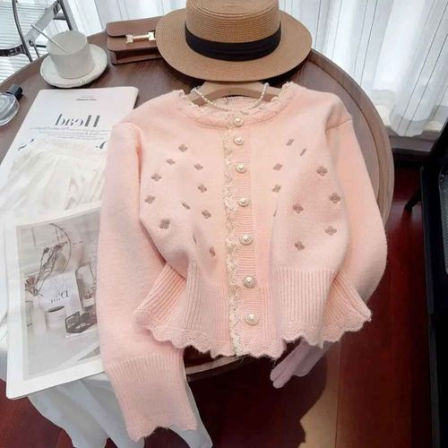 Neploe-Cardigan À Manches Longues Avec Bord En Dentelle Brodée Pour Femme,Pull Coréen Doux,Bouton Perle,Automne 2024