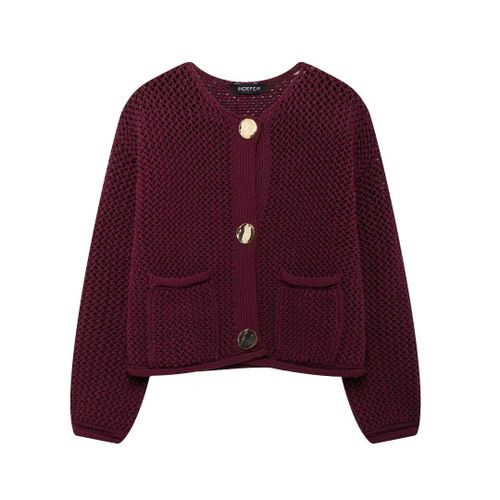 Trafza-Cardigans Épais Ajourés Pour Femme,Pull Court À Manches Sulfavec Lèvent En Métal,Haut Court En Tricot,Collection 2024