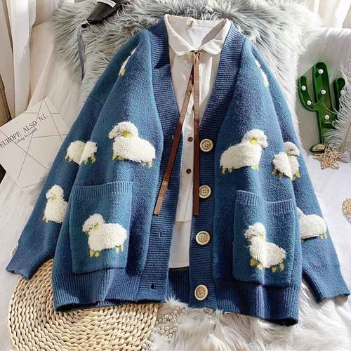 Cardigan À Manches Longues En Mouton De Dessin Animé Pour Femmes,Pull Surdimensionné,Veste Élégante,Manteau Doux