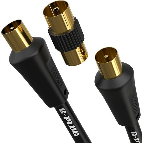 Câble d¿Antenne pour TV de 2m à Angle Droit avec Adaptateur de Prise Câble Coaxial pour Satellite et Antenne Connexion Mâle à Mâle Connecteur RF avec Extension Dorée TNT,Décodeur,Sky Box(Q712)