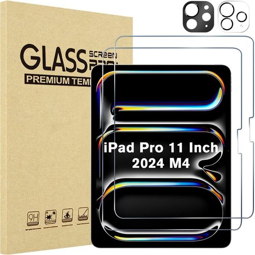 Verre Trempé Pour Ipad Pro 11 2024, 2 Protection Écran + 2 Protection D'objectif Photo, Film Protection Screen Protecteur, Anti Rayures Sans Bulles -Transparent Noir