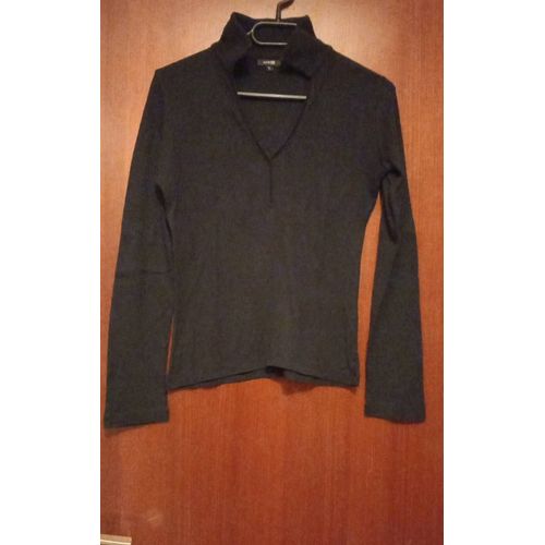 Tee-Shirt Femme Manches Longues Col Polo,Décolleté V Autre Ton, Taille 1,Coloris Noir, 50% Coton 50% Modal, Longueur 55 Cm, Largeur Épaules 39 Cm, Longueur Manches 58 Cm.
