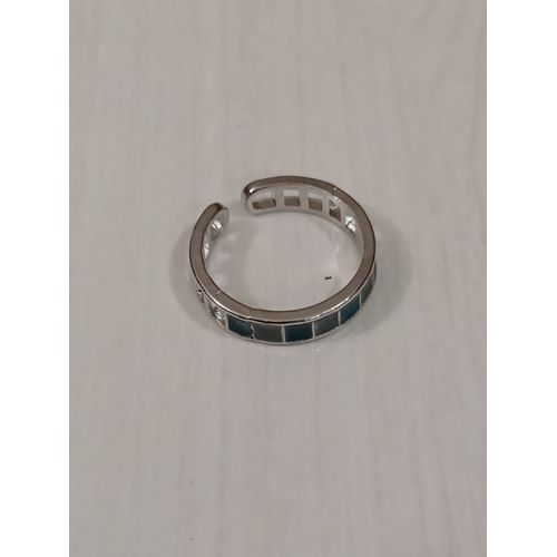 Bague Métal Argenté,Ligne De Carré Inox Gris Et Bleu ,Reglable