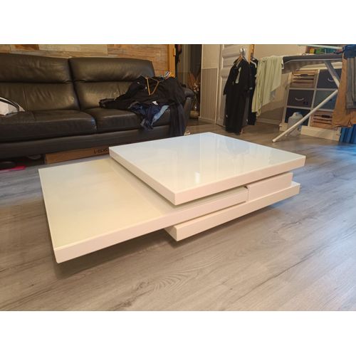 Table Basse Pivotante Blanche En Verre Et Plastique