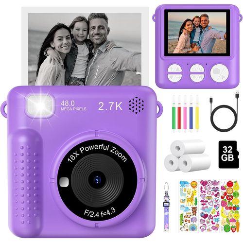 Appareil Photo Instantané Enfant, 2,4"" Écran 1080P HD Appareils Photo Numériques Enfant avec Carte 32GB & Papier Thermique, Appareil Photo Enfant Jouet, Cadeau pour Filles Garçons 3-12 Ans
