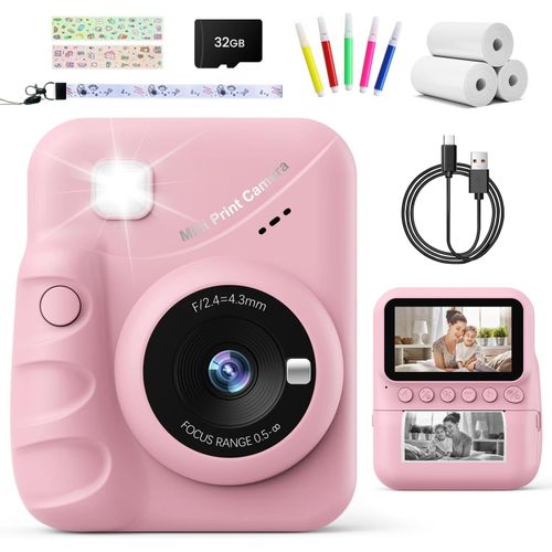 Appareil Photo Instantané Enfant, 3.0"" Grand Écran 48MP 1080P HD Appareil Photo Numérique Enfant avec Carte 32GB et Papier Photo Imprimé, Stylos Colorés, Cadeau pour Filles Garçons 3-12 Ans