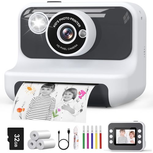 Appareil Photo Instantané Enfant, 2.4"" Écran Appareil Photo Enfant avec Carte 32G & Papier Photo, HD 1080P Vidéo Caméra Enfant,Noël Anniversaire Cadeau pour Filles Garçons 3-10 Ans (Blanc)