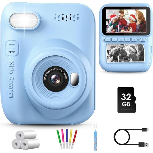Appareil Photo Instantané Enfant, 3.0"" Grand Écran 14 MP Appareil Photo Enfant avec Carte de 32 Go & Papier d'impression, Appareil Photo Numérique Enfant Cadeau pour Enfants 3-12 Ans, Bleu