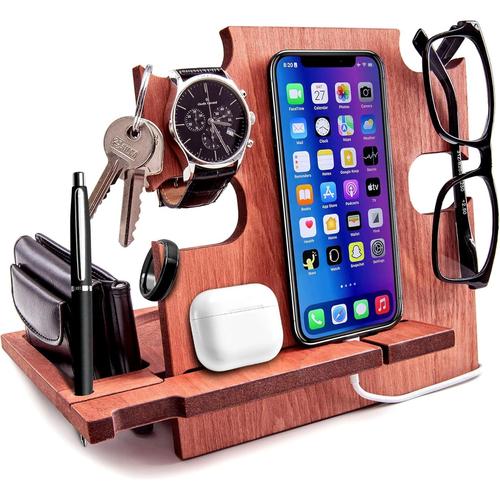 Organisateur De Bureau En Bois, Station D'Accueil Pour Homme - Support De Rangement De Chevet, Idée Cadeau Anniversaire, Cadeau De Noël Pour Lui[POR043964]