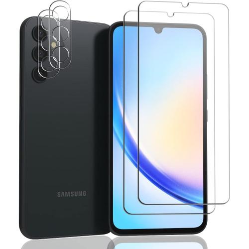 [2+2 Pièces] Verre Trempé Pour Samsung Galaxy A34 Protection Écran Et Galaxy A34 Caméra Arrière Protecteur, Transparent Hd/Sans Bulles/Anti-Rayures, Protection Écran Pour Galaxy A3[Bhm044299]