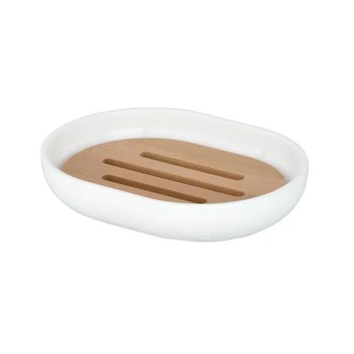 WENKO Porte Savon Bambou, Porte Savon blanc Posa, plastique sans BPA - bambou, 12x2,5x9 cm, blanc - marron