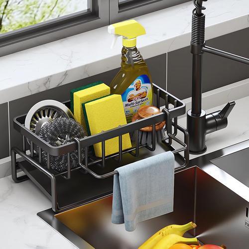 Rangement Et Organisation De Cuisine, Organisateur D'évier En Acier Inoxydable Avec Bac D'écoulement Automatique Pour Porte Eponge, Porte Serviettes, Super Accessoires Pour Salle-Noir.