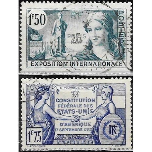 France 1937, Beaux Timbres Yvert 336 Exposition Internationale De Paris Et 357 Constitution Des Etats-Unis, Oblitérés, Tbe.
