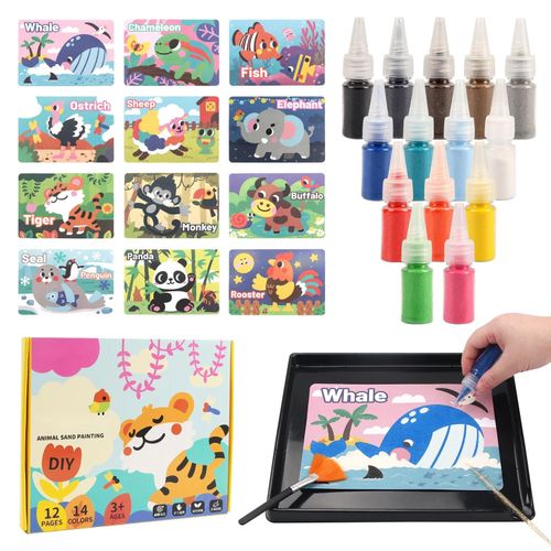 Kit De Peinture De Sable Pour Enfants, Artisanat De Bricolage, 12 Cartes De Peinture De Sable De Princesse, 14 Documents, Jouets Montessori, Cadeaux Pour Enfants-Animals