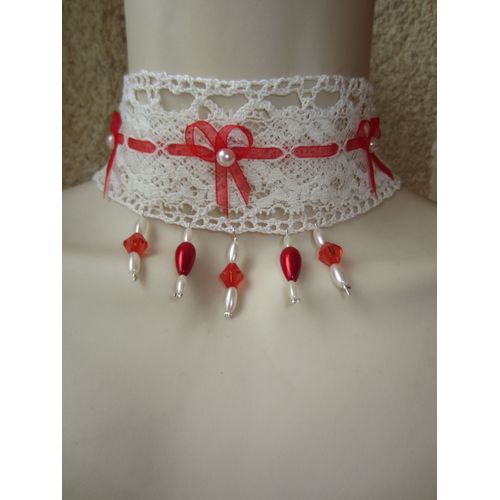 Collier Ras Du Cou En Crochet Blanc Et Rouge