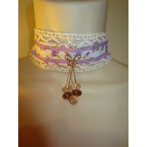 Collier Ras Du Cou Violet Et Blanc