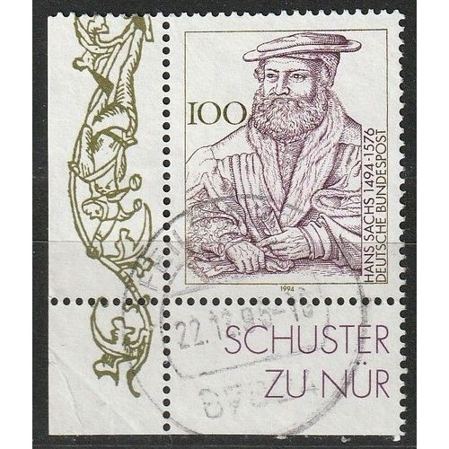 Timbre Oblitéré Avec Bord De Feuille Allemagne, Deutsche Bundespost. Hans Sachs, Poète Allemand. 1994 N° 1595