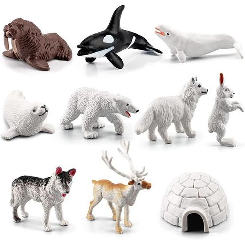 Lot De 10 Mini Animaux Arctiques - Figurines D'animaux Polaires - Comprend Un Ours Polaire, Un Phoque, Un Renne, Un Loup, Un Lapin, Un Renard Arctique, Un Igloo Pour Les Tout-Petits, Cadeau.[V408]