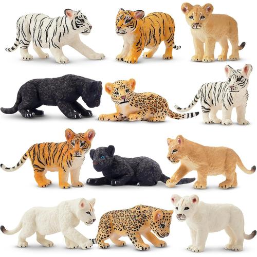 Lot De 12 Figurines D'animaux - Lion, Tigre, Guépard - Jouets D'animaux De La Jungle - Petits Animaux En Plastique - Mini Animaux - Zoo Forêt - Pour Jouer Ou Comme Décoration Pour.[V185]