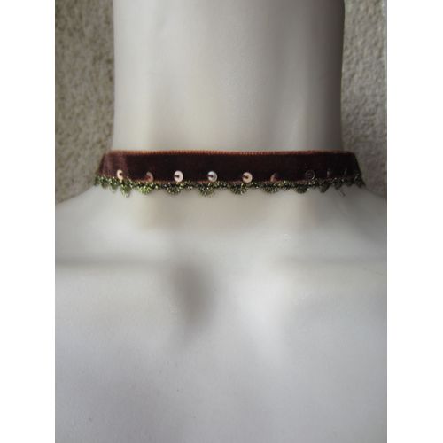 Collier Ras Du Cou En Velours Marron À Séquins