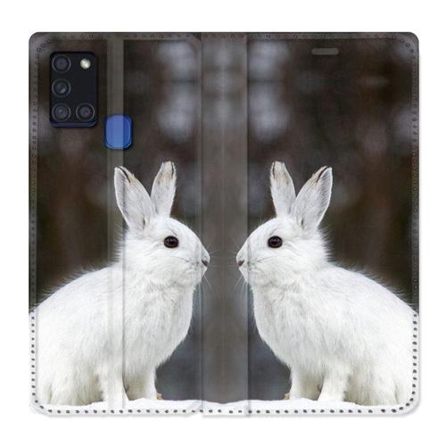 Housse Cuir Portefeuille Pour Samsung Galaxy A21s Lapin Blanc