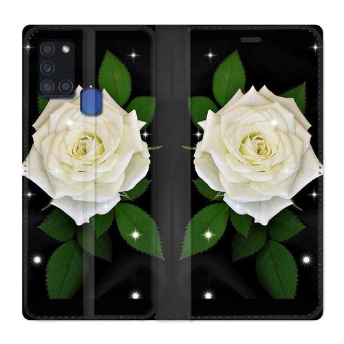 Housse Cuir Portefeuille Pour Samsung Galaxy A21s Fleur Rose Blanche