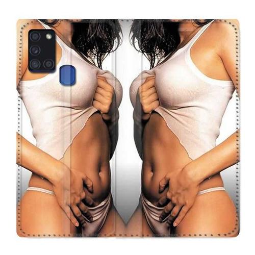 Housse Cuir Portefeuille Pour Samsung Galaxy A21s Sexy Tee Shirt Blanc