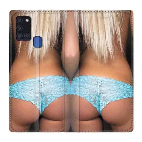 Housse Cuir Portefeuille Pour Samsung Galaxy A21s Sexy Tanga Bleu