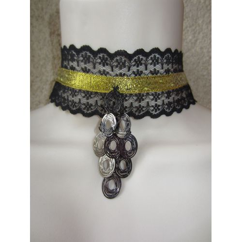 Collier Ras Du Cou En Dentelle Noir Et Doré Avec Pendentif