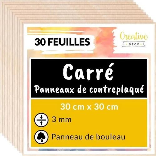 Contreplaqué - Creative Deco - 30 Panneaux - 300x300x3mm - Bois Brut Bouleau - Découpe Laser