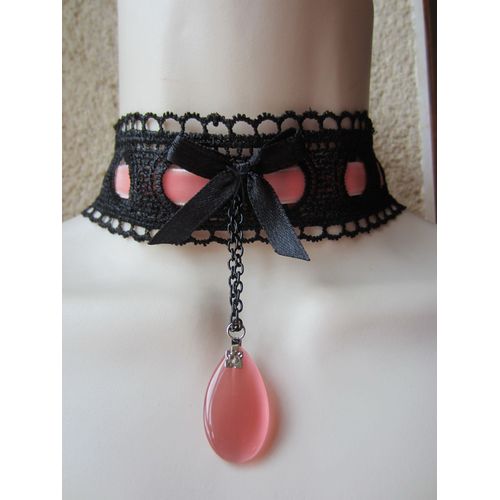 Collier Ras Du Cou En Dentelle Noir Et Rose