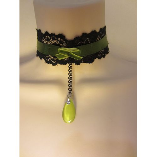 Collier Ras Du Cou Noir Et Vert Avec Pendentif En Verre