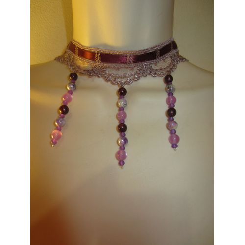 Collier Ras Du Cou Vieux Rose Avec Perles