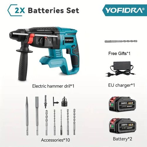 Marteau Piqueur Perforateur Burineur Démolition Sans fil SDS Plus +2 batteries YODIFRA