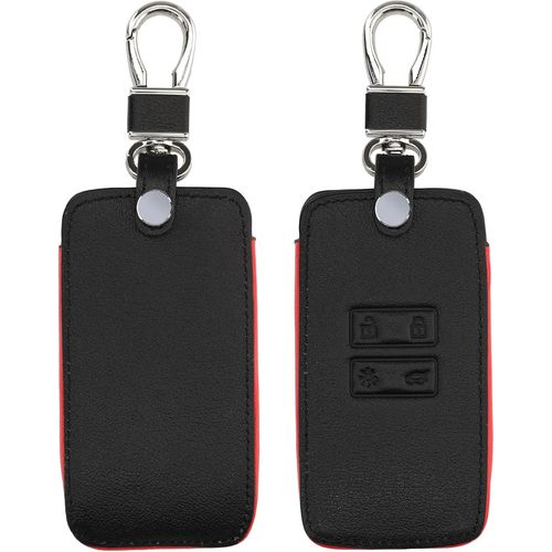 Accessoire Clef De Voiture Compatible Avec Renault Smart Key 4-Bouton (Keyless Go Uniquement)-Coque De Clé De Voiture En Simili Cuir-Noir Mat-Rouge.[Y536]