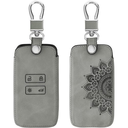 Accessoire Clef De Voiture Compatible Avec Renault Smart Key 4-Bouton (Keyless Go Uniquement)-Coque De Clé De Voiture En Nubuck-Rosace Gris.[Y1036]