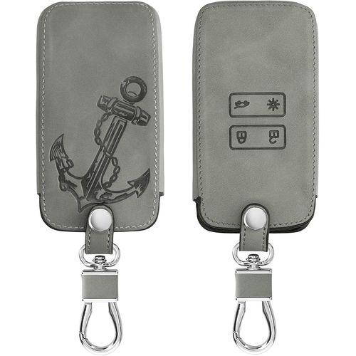 Accessoire Clef De Voiture Compatible Avec Renault Smart Key 4-Bouton (Keyless Go Uniquement)-Coque De Clé De Voiture En Nubuck-Ancre Vintage Gris.[Y1041]