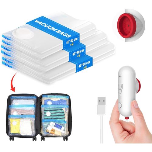 Sac Sous Vide Vêtements Aspirateur avec Pompe USB, 6 Sac Rangement Sous Vide (2x 40x40cm, 2x 40x50cm, 2x 40x60cm), s et Portables, Idéal pour Rangement Vêtements et Voyages