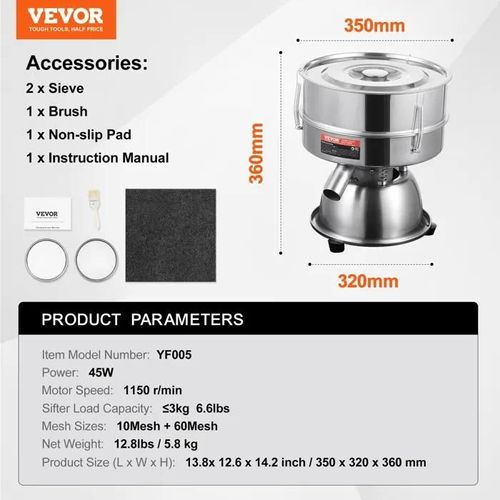 Tamis à Farine Électrique-VEVOR-Machine de Tamisage avec 10 et 60 Mailles, Facile à Remplacer-Poudres de Farine, Haricots Mungo