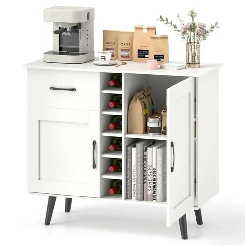 Buffet De Cuisine Costway Avec Casier À Vin Pour 6 Bouteilles, 1 Tiroir, 2 Portes, 2 Etagères Réglables, 90 X 40 X 79 Cm, Blanc