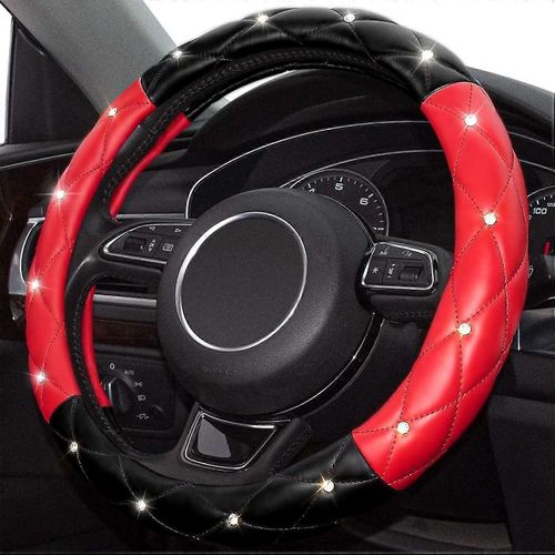 Housse De Volant Rouge Noir, Protecteur De Volant De Voiture Universel Avec Strass En Cristal Antidérapant 14,5-15 Pouces